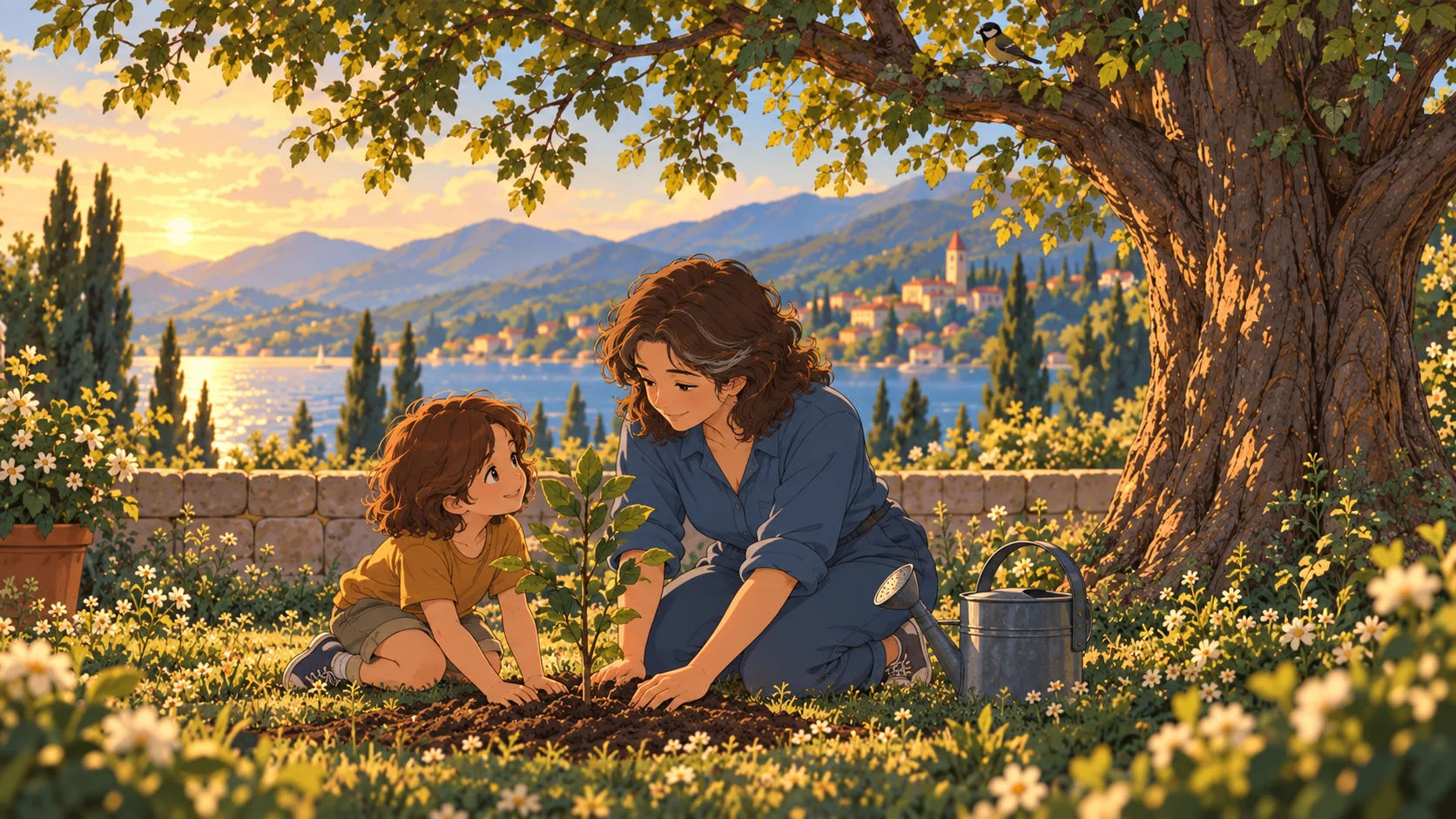Grown-up Zara and her child planting a new sapling beside the tree she planted with her father.