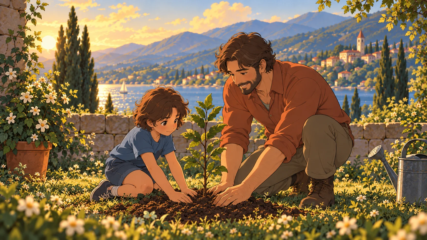 A father and young Zara planting a sapling together in a sunlit garden beside a lake.